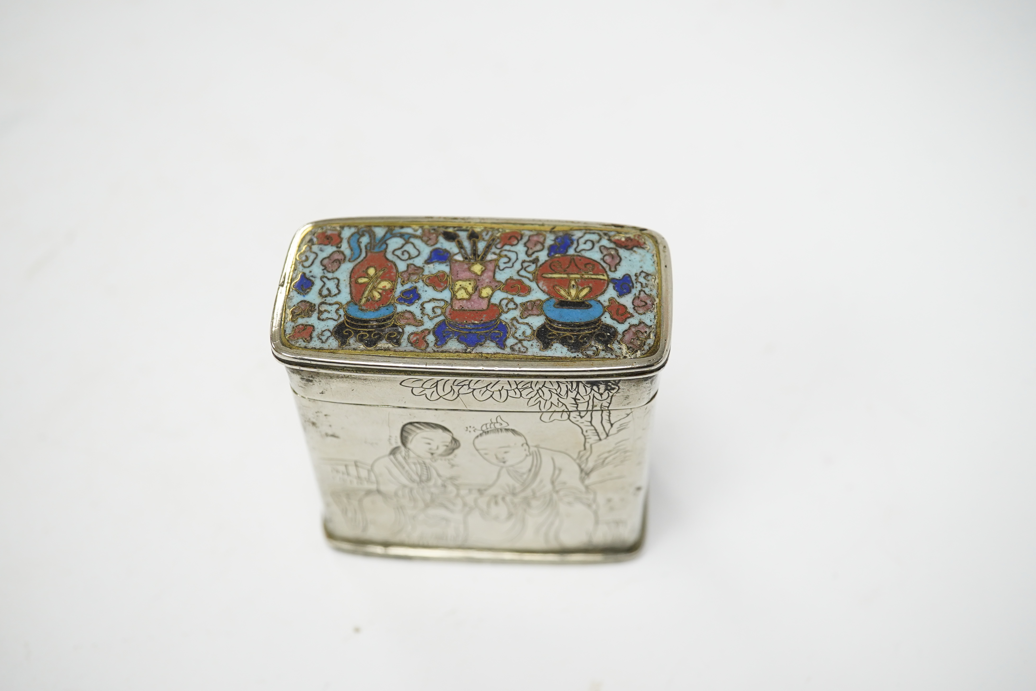 A Chinese paktong and cloisonné enamel rectangular box and cover, 6cm high. Condition - fair to good